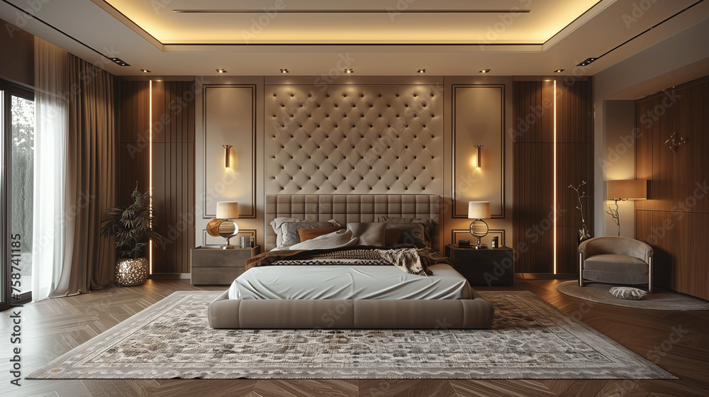Modern Bedroom Interior with Elegant Decor and Lighting - obrazy, fototapety, plakaty 