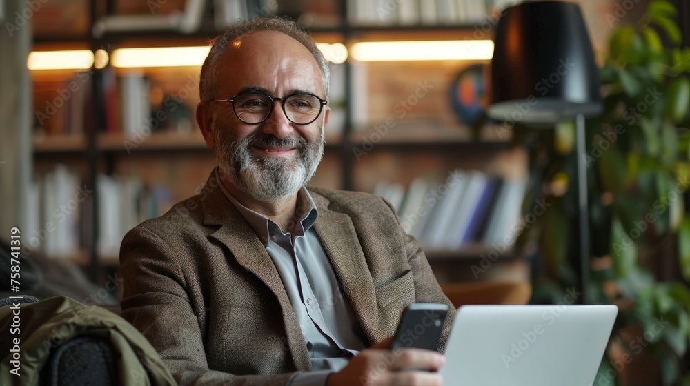Smiling mature businessman holding smartphone sitting in office.