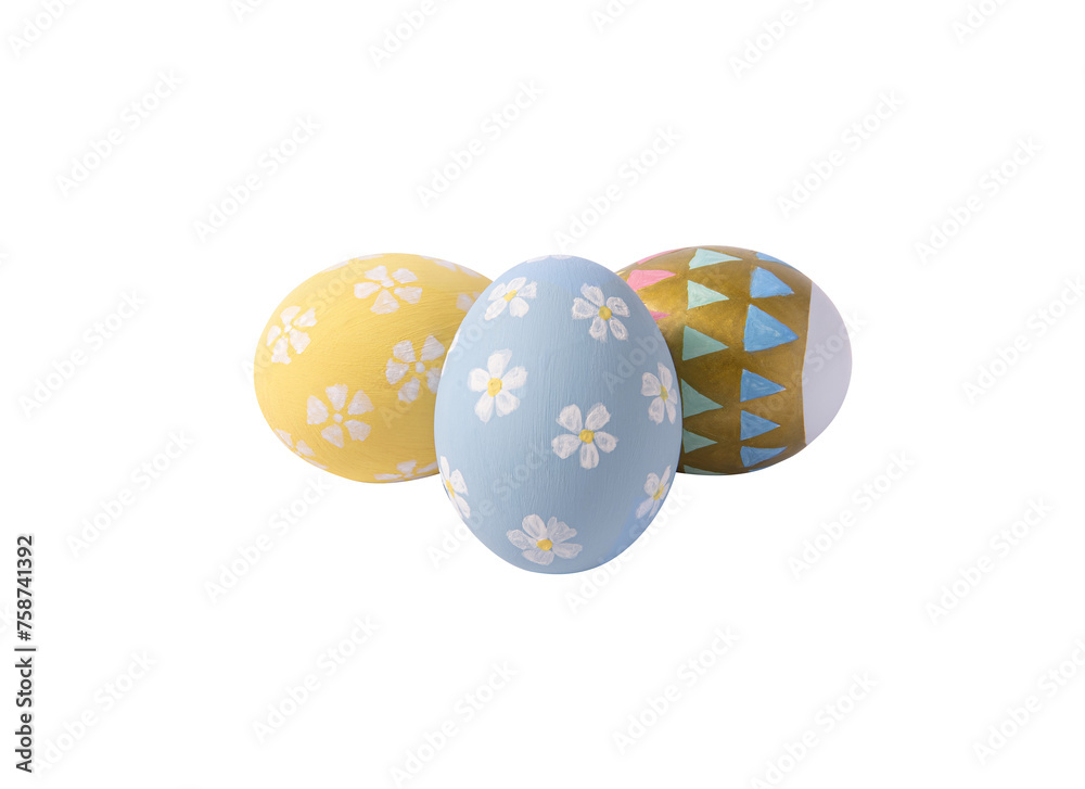 Collection of photos perfect colorful handmade easter eggs isolated on transparent png background.
