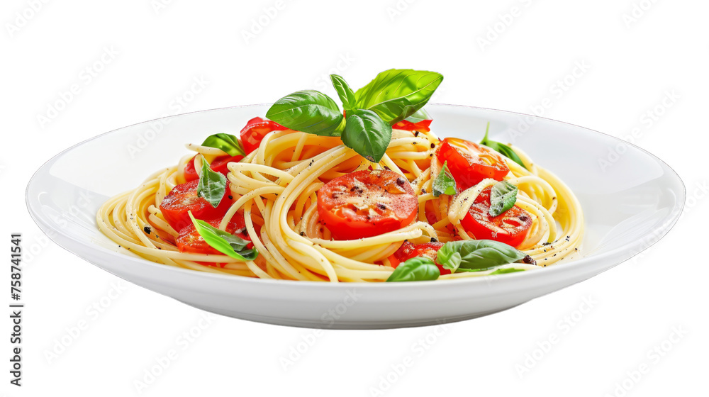 Primavera Spaghetti on a plate isolated on transparent png background. Generative ai Primavera Spaghetti on a plate isolated on transparent png background. Generative ai
