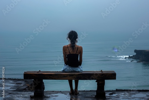 A depressed dishevelled little girl sitting on an empty bench overlooking the ocean, back view. The sea is calm and blue with no waves in sight.  photo