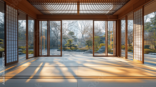 Traditional Japanese Room Overlooking a Zen Garden at Sunrise