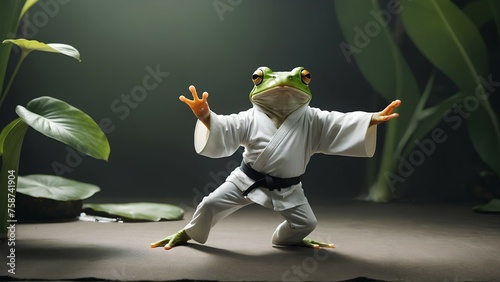 Close-up of green frog in white kimono with a black sash, standing on two hind legs, raising up two front legs and doing oriental martial arts, action takes place against the background of wild nature