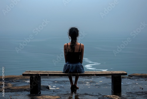 A depressed dishevelled little girl sitting on an empty bench overlooking the ocean, back view. The sea is calm and blue with no waves in sight.  photo