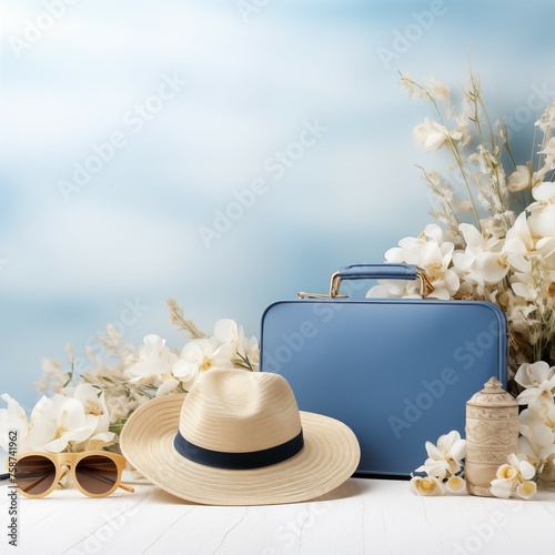 hat and sunglasses and bag on soft blue background in travel design