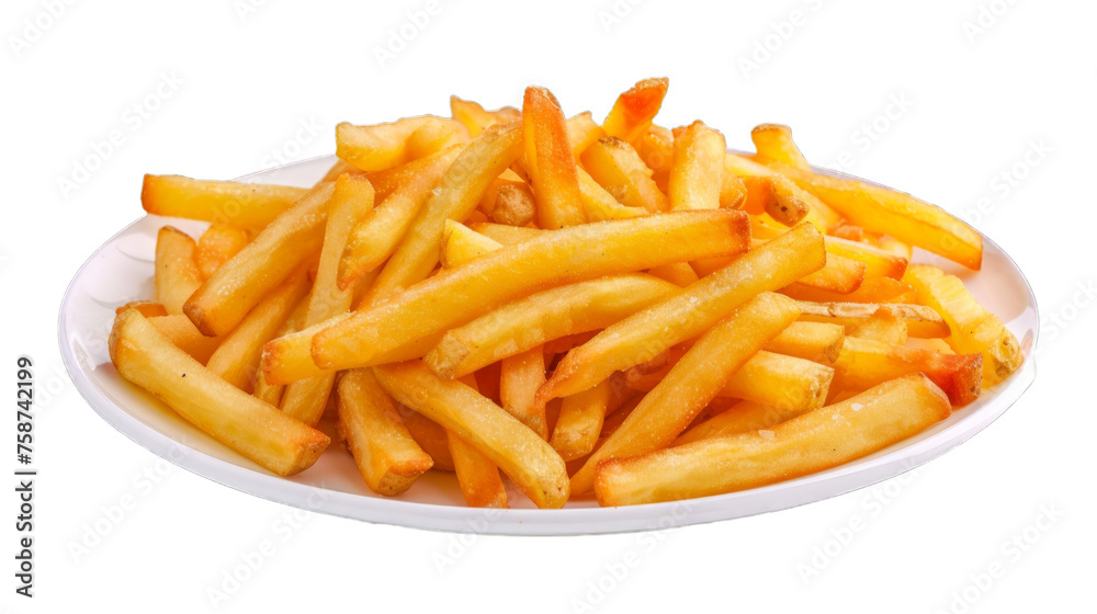 Regular French Fries on a plate isolated on transparent png background. Generative ai Regular French Fries on a plate isolated on transparent png background. Generative ai