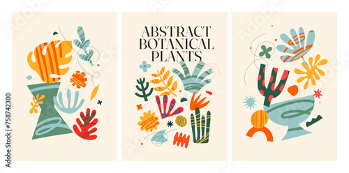 Abstract botanical plants. Big set of abstract graphic shapes. Multicolored shapes and objects on a light background. Elements of minimalism in the style of modern art. Vector illustration.