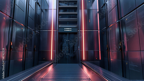 Futuristic Corridor with Blue Technology Lights, Sci-Fi Interior Design, Security and Digital Network Architecture