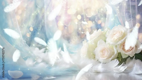 純白の薔薇の花束と羽と水色のカーテンのウエディングイメージのループ動画、4K
 photo