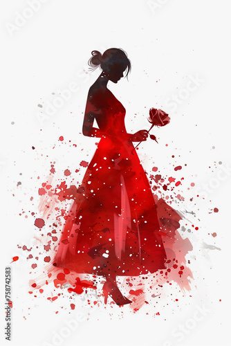 watercolor illustration of a woman's silhouette in red, holding a rose