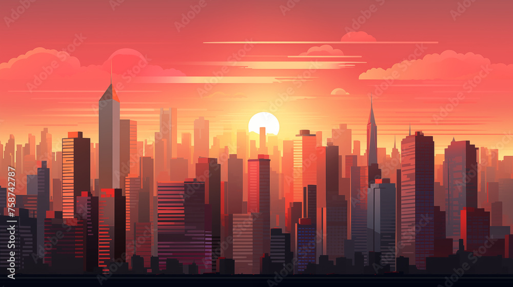 Illustration d'une jolie skyline avec coucher de soleil et ciel nuageux. Paysage vue sur une ville remplie de gratte-ciel, immeuble. Ville, urbain, horizon. Pour conception et création graphique.