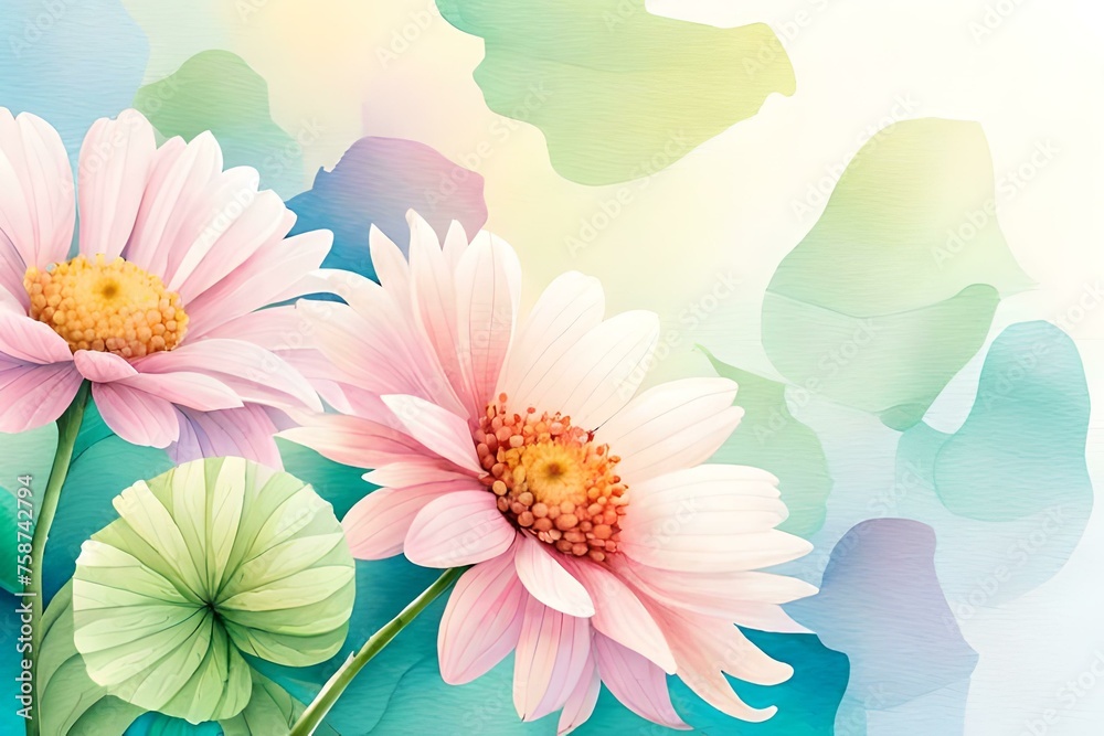 Fototapeta premium Pastel watercolor flowers, buds and leaves. ai generated