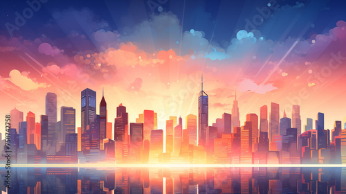 Illustration d une jolie skyline avec coucher de soleil et ciel nuageux. Paysage vue sur une ville remplie de gratte-ciel  immeuble. Ville  urbain  horizon. Pour conception et cr  ation graphique.