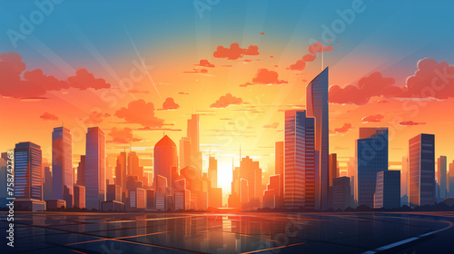 Illustration d'une jolie skyline avec coucher de soleil et ciel nuageux. Paysage vue sur une ville remplie de gratte-ciel, immeuble. Ville, urbain, horizon. Pour conception et création graphique.
