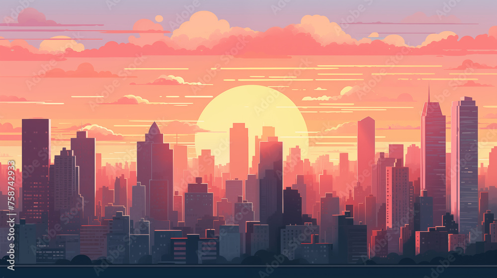 Illustration d'une jolie skyline avec coucher de soleil et ciel nuageux. Paysage vue sur une ville remplie de gratte-ciel, immeuble. Ville, urbain, horizon. Pour conception et création graphique. Illustration d'une jolie skyline avec coucher de soleil et ciel nuageux. Paysage vue sur une ville remplie de gratte-ciel, immeuble. Ville, urbain, horizon. Pour conception et création graphique.
