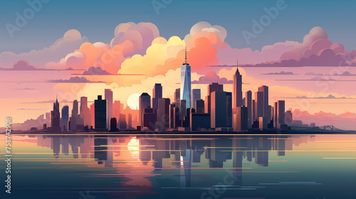 Illustration d'une jolie skyline avec coucher de soleil et ciel nuageux. Paysage vue sur une ville remplie de gratte-ciel, immeuble. Ville, urbain, horizon. Pour conception et création graphique. © FlyStun