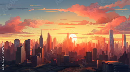 Illustration d'une jolie skyline avec coucher de soleil et ciel nuageux. Paysage vue sur une ville remplie de gratte-ciel, immeuble. Ville, urbain, horizon. Pour conception et création graphique. photo