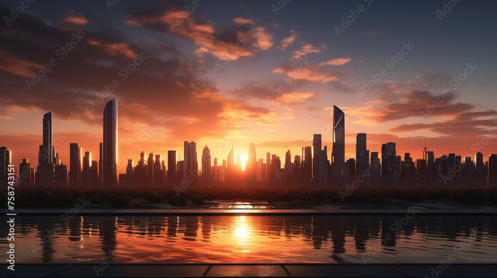 Jolie skyline avec coucher de soleil et ciel nuageux. Paysage vue sur une ville remplie de gratte-ciel, immeuble. Ville, urbain, horizon. Pour conception et création graphique.