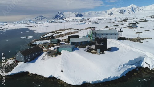 Polar Antarctic Vernadsky Base Aerial view. Ocean Coast Open Water Surface Wild Nature. South Pole Station Mountain Landscape Drone Flight Footage Shot