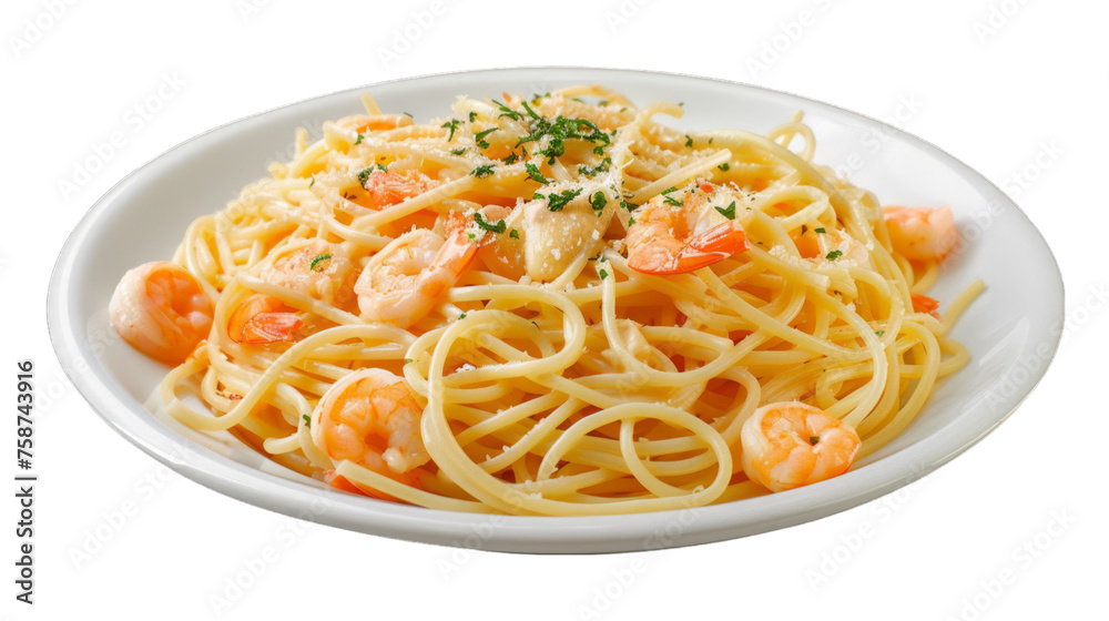 Shrimp Alfredo Spaghetti isolated on transparent png background. Generative ai 