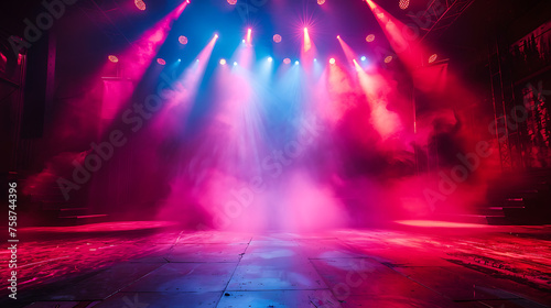 International Dance Day, Empty stage with colorful stage lights and space for event information © Raffaza