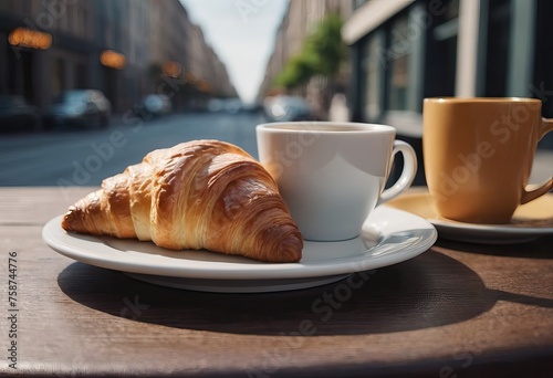 Aromatic latte macchiato in glass and croissant on wooden table against blurred background. Space for text