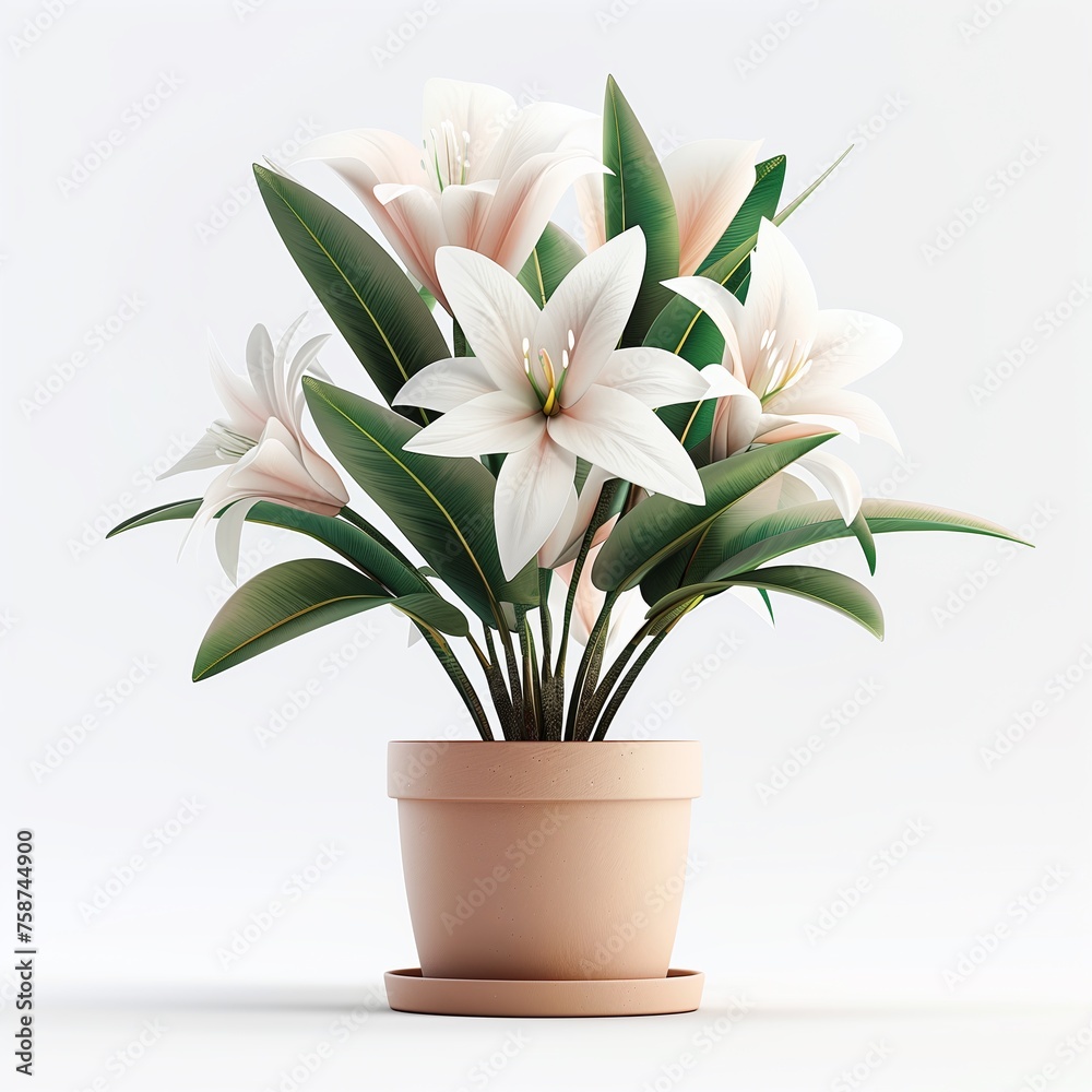 White Lilies in a Pot, Beautiful Indoor Plant.