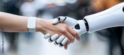 Woman and robot hands shake, symbolizing technology and humanity collaboration on blurred background