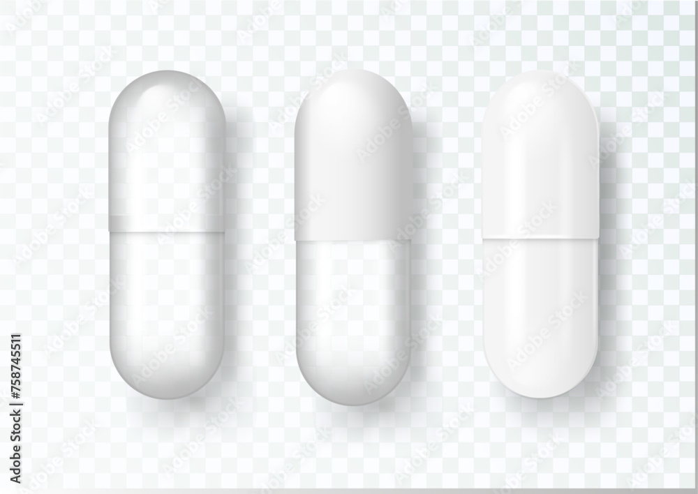 Pill Medical capsule tablet icon isolated on transparent grid background. Vector realistic