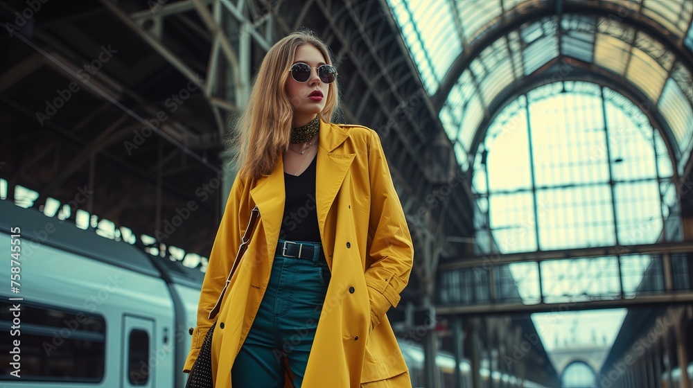 Kobieta w żółtym płaszczu stoi na peronie dworca kolejowego, w modnym ubraniu i okularach przyciemnianych. W tle widoczne są tory kolejowe i stojący pociąg i szklany dach - obrazy, fototapety, plakaty 