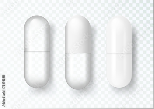 Pill Medical capsule tablet icon isolated on transparent grid background. Vector realistic