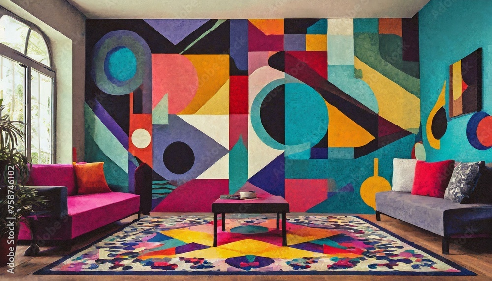 an artistic room carpet design with abstract shapes and bold colors