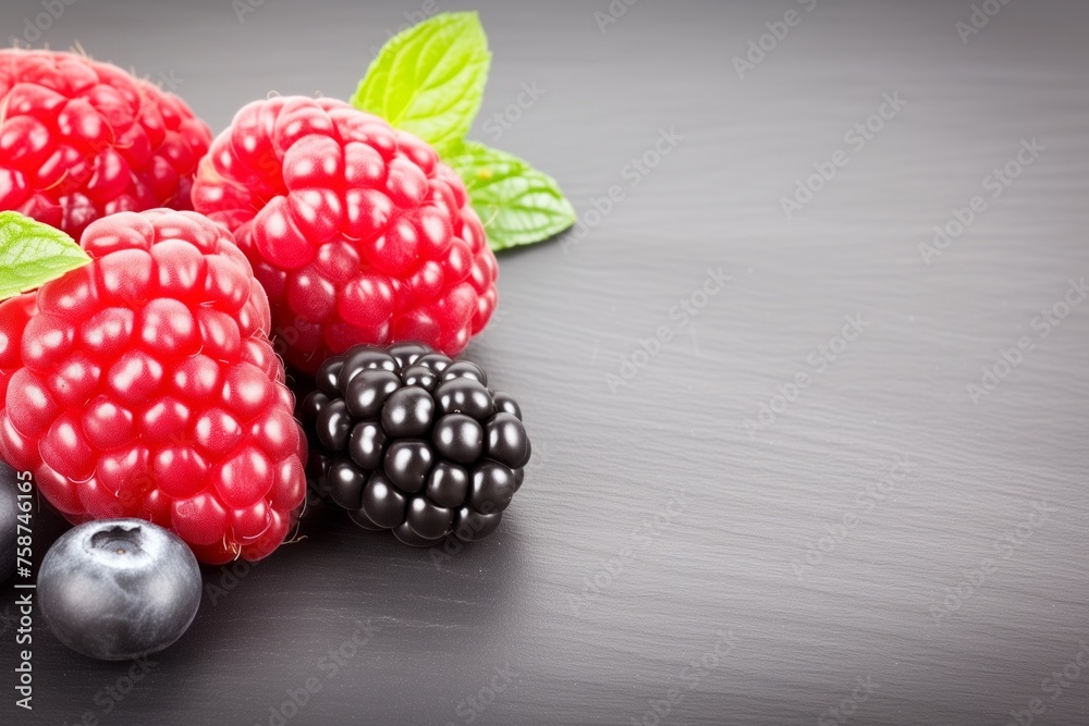 An assortment of fresh berries, featuring vibrant raspberries, a glistening blackberry, and a solitary blueberry, artfully arranged on a dark slate background, accompanied by fresh mint leaves. An assortment of fresh berries, featuring vibrant raspberries, a glistening blackberry, and a solitary blueberry, artfully arranged on a dark slate background, accompanied by fresh mint leaves.