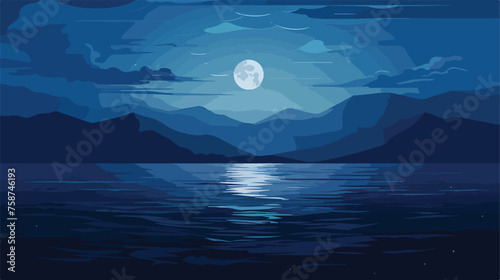 Fototapeta Naklejka Na Ścianę i Meble -  dark and calm sea with the beautiful moon flat vector