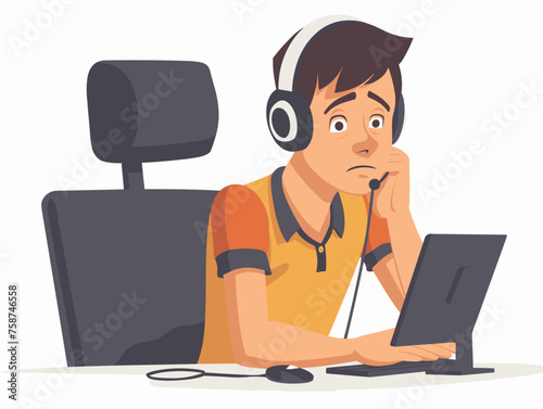  A customer service representative wearing a headset patiently listens to a frustrated caller experiencing technical difficulties. 