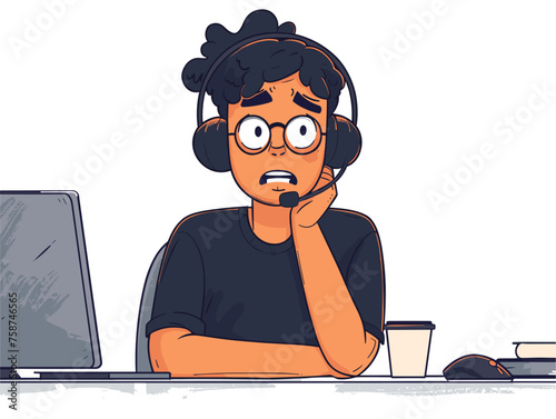  A customer service representative wearing a headset patiently listens to a frustrated caller experiencing technical difficulties. 