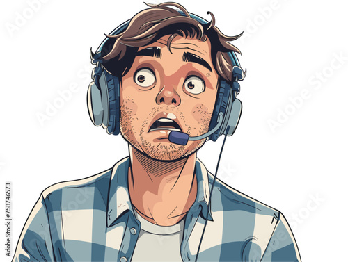  A customer service representative wearing a headset patiently listens to a frustrated caller experiencing technical difficulties. 