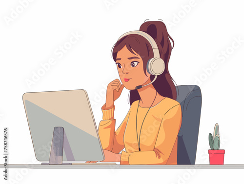  A customer service representative wearing a headset patiently listens to a frustrated caller experiencing technical difficulties. 