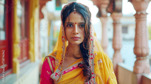 portrait of a young beautiful Indian woman in national clothes in the city, personifying the national image of India in the urban landscape © Александр Довянский