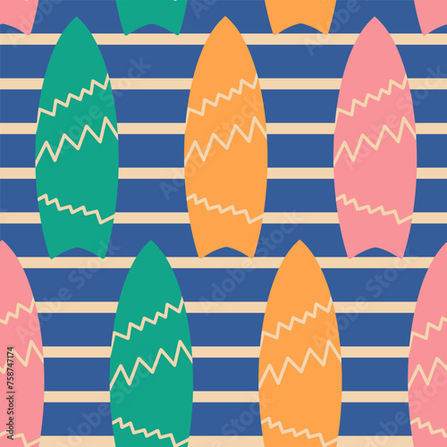 Soft pink bright bold orange and turquoise green surf board with zigzag on ocean blue with lines