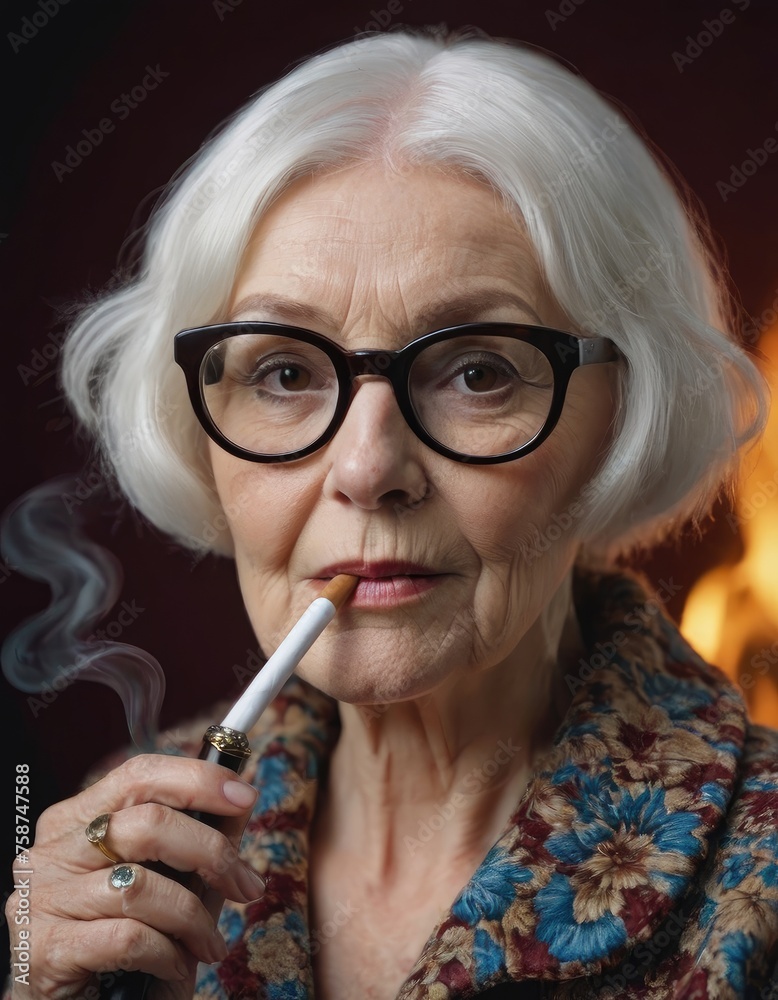 Old wrinkled fashionable woman in glasses with a cigarette in hand. Women's health, bad habits, addiction Old wrinkled fashionable woman in glasses with a cigarette in hand. Women's health, bad habits, addiction