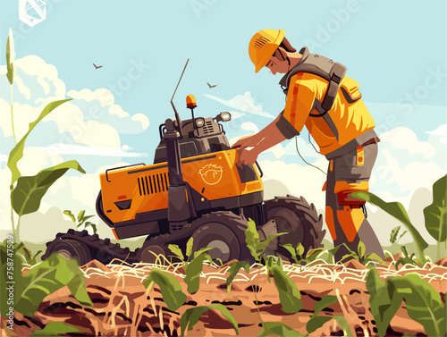  A farmer uses a robotic harvester in a vast field automating the process of collecting crops with increased efficiency and reduced manual labor. 