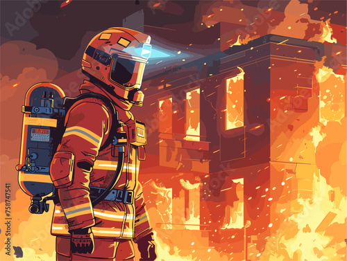  A firefighter maneuvers a remotely operated firefighting robot into a burning building extinguishing flames and rescuing individuals trapped inside. 