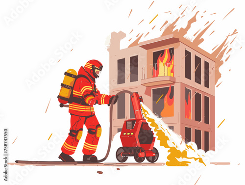  A firefighter maneuvers a remotely operated firefighting robot into a burning building extinguishing flames and rescuing individuals trapped inside. 