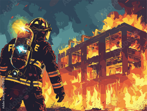  A firefighter maneuvers a remotely operated firefighting robot into a burning building extinguishing flames and rescuing individuals trapped inside. 