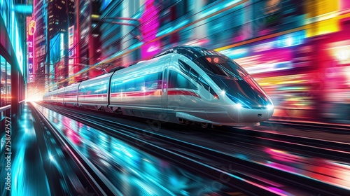 W wysokich prędkościach pociąg przejeżdża przez miasto oświetlone neonami w nocy.