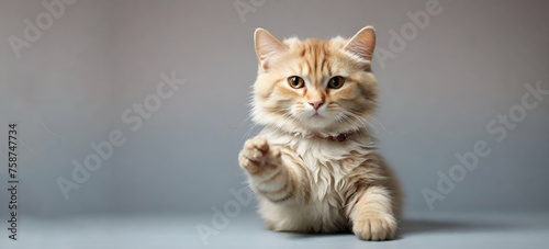 cat giving high five, ginger cat stands on its hind legs and reaches up on a white isolated background generative on ai.