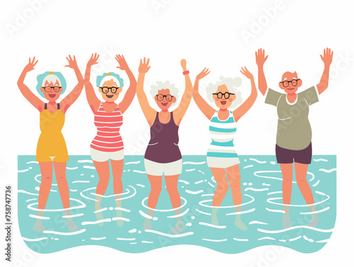  A group of senior citizens laughs and interacts during a water aerobics class in a warm pool. 
