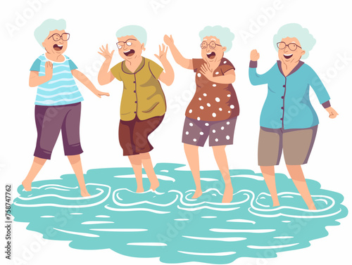  A group of senior citizens laughs and interacts during a water aerobics class in a warm pool. 