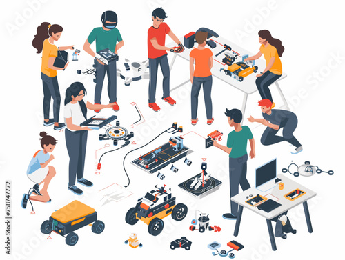  A group of students build and program miniature robots during a robotics workshop learning the fundamentals of robot design and control systems. 